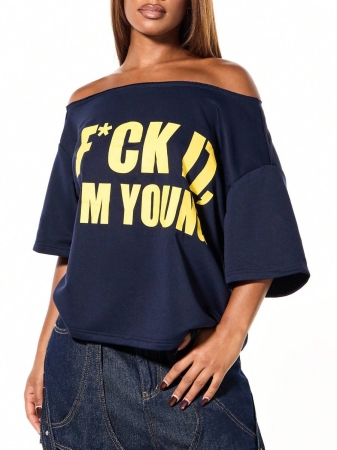 SUMWON WOMEN Oversized Off Shoulder Boxy Graphic Top - Image 7