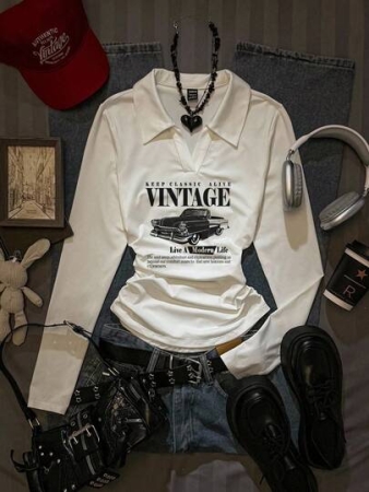 Attitoon Women's Casual Vintage Car Print Collared Long Sleeve T-Shirt, Suitable For Autumn/Winter, Vintage, Preppy, Versatile, Sexy, Cute, Y2K, Coconut Girl, Boho, Hippie, Music Festival
