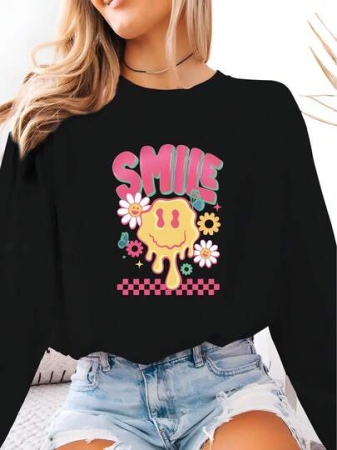Simple Solid Hoodie [New Style Recommendation] Creative Letter Pattern Smile Print T-Shirt, Women's Casual, Vacation, Long Sleeve Round Neck, Spring Summer, Machine Washable, New Women's Fashion, Versatile For Streetwear And Sports