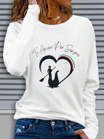 Simple Solid Hoodie For Women Italian Style Italian Phrases And Flag Pattern Print Long Sleeve Round Neck Casual Shirt - Heart Shape And Italian Map Design, Machine Washable Autumn Winter Top, Suitable For Casual Outfits And Italian Themed Events (Regular Fit, Straight Sleeves, Round Neck, No Belt, No Padding, Pullover Style) - Italian Flag Colors (Green, Red, White) - Comfortable Fabric, Easy To Layer - Image 2