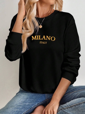 SHEIN EZwear Casual Minimalist Milano Print Pattern Oversized Crew Neck Long Sleeve Hoodie Sweatshirt For Women, Suitable For Autumn/Winter - Image 2