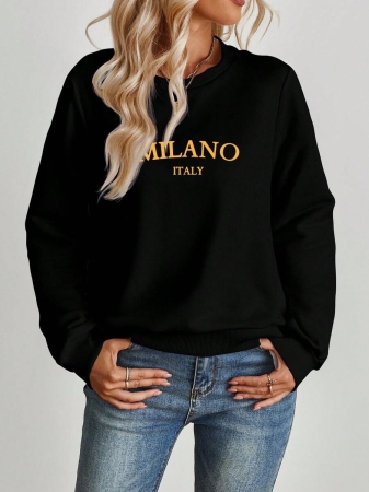 SHEIN EZwear Casual Minimalist Milano Print Pattern Oversized Crew Neck Long Sleeve Hoodie Sweatshirt For Women, Suitable For Autumn/Winter - Image 7