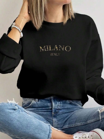 SHEIN EZwear Casual Minimalist Milano Print Pattern Oversized Crew Neck Long Sleeve Hoodie Sweatshirt For Women, Suitable For Autumn/Winter - Image 9