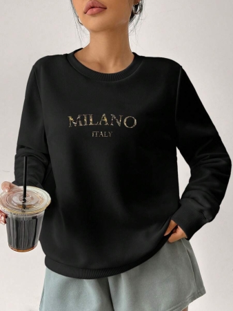 SHEIN EZwear Casual Minimalist Milano Print Pattern Oversized Crew Neck Long Sleeve Hoodie Sweatshirt For Women, Suitable For Autumn/Winter - Image 11