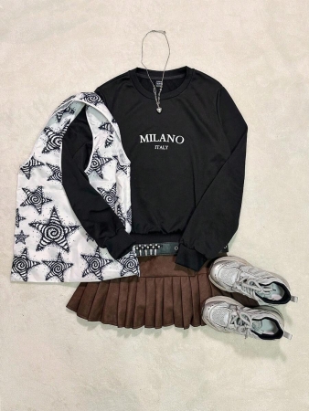 SHEIN EZwear Casual Minimalist Milano Print Pattern Oversized Crew Neck Long Sleeve Hoodie Sweatshirt For Women, Suitable For Autumn/Winter - Image 24