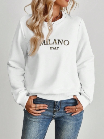 SHEIN EZwear Casual Minimalist Milano Print Pattern Oversized Crew Neck Long Sleeve Hoodie Sweatshirt For Women, Suitable For Autumn/Winter - Image 32
