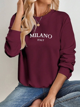 SHEIN EZwear Casual Minimalist Milano Print Pattern Oversized Crew Neck Long Sleeve Hoodie Sweatshirt For Women, Suitable For Autumn/Winter - Image 37