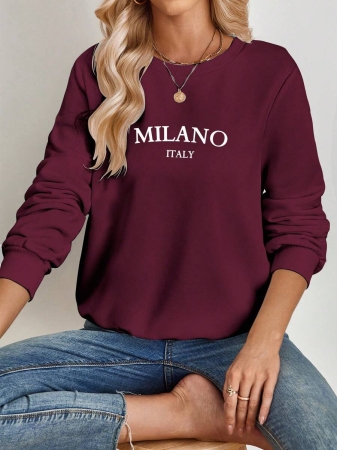 SHEIN EZwear Casual Minimalist Milano Print Pattern Oversized Crew Neck Long Sleeve Hoodie Sweatshirt For Women, Suitable For Autumn/Winter - Image 39