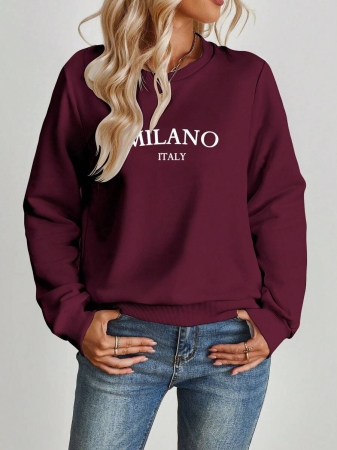 SHEIN EZwear Casual Minimalist Milano Print Pattern Oversized Crew Neck Long Sleeve Hoodie Sweatshirt For Women, Suitable For Autumn/Winter - Image 42