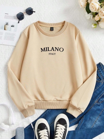 SHEIN EZwear Casual Minimalist Milano Print Pattern Oversized Crew Neck Long Sleeve Hoodie Sweatshirt For Women, Suitable For Autumn/Winter - Image 55