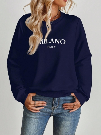 SHEIN EZwear Casual Minimalist Milano Print Pattern Oversized Crew Neck Long Sleeve Hoodie Sweatshirt For Women, Suitable For Autumn/Winter - Image 85