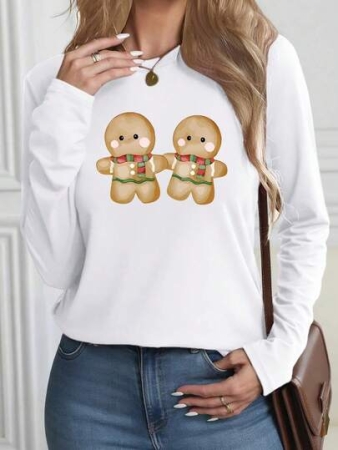 Simple Solid Hoodie Women's Red Gingerbread Men's Printed Long Sleeve T-Shirt - Christmas Cookie Design With Gingerbread Man And Gingerbread, Slim Fit Round Neck Casual And Holiday Party Wear, Machine Washable Spring Summer Shirt, Suitable For Casual Wear And Theme Events, Festive Gingerbread Men's Pattern, Loose Fit, Digital Print, Versatile Layering, Perfect For Christmas And Casual Wear