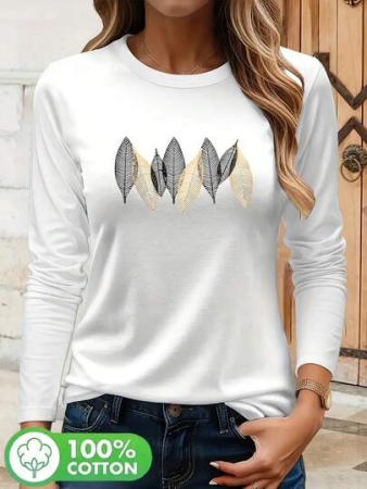 Simple Solid Hoodie Women's Fashion Feather Print Pure Cotton Round Neck Long Sleeve T-Shirt Suitable For Daily Outings Can Be Worn Alone Or Layered With Jackets Suitable For Travel And Vacation Versatile Pure Cotton T-Shirt Comfortable And Unrestrictive Suitable For Casual To Light Sports Scenes Matches Various Styles Easy To Match And Changeable Pure Cotton Base Shirt 3445