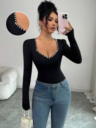 Elenzga Women's Knit Fabric Studded Pearl Trim Sweetheart Neck Raglan Sleeve Cinched Waist Casual Vintage Elegant Business Commute Office Party Holiday Pullover T-Shirt, Autumn/Winter
