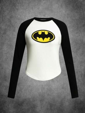 BATMAN X SHEIN Women's Casual Bat Print Contrast Raglan Sleeve T-Shirt, Autumn