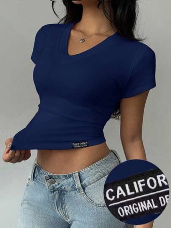 Attitoon Women's Casual V-Neck Ruched Short Sleeve Fitted T-Shirt, Suitable For Autumn/Summer