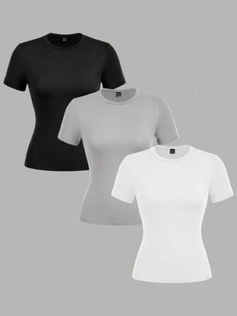 SHEIN EZwear 3pcs Women Casual Crew Neck Bodycon Long Sleeve T-Shirt Set