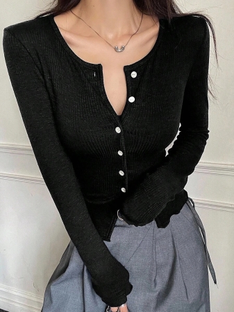 DAZY Women's Crew Neck Textured Ribbed Fabric Slim Fit Long Sleeve Cardigan Casual T-Shirt - Image 4