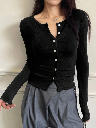 DAZY Women's Crew Neck Textured Ribbed Fabric Slim Fit Long Sleeve Cardigan Casual T-Shirt - Image 7