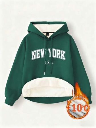 SHEIN EZwear Casual Minimalist Letter Print Pattern Green Loose Pocket Thick Hoodie Sweatshirt For Women, Suitable For Autumn/Winter