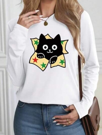 Simple Solid Hoodie [New Recommendation] Halloween Cat Pattern Printed T-Shirt, Women's Casual, Vacation, Long Sleeve Round Neck, Spring Summer, Machine Washable, New Women's Fashion, Versatile For Street Wear, Slimming, Sports