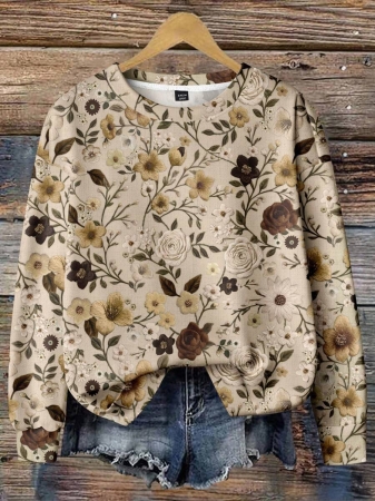 EMERY ROSE Casual Minimalist Faux Flower Print Pattern Loose Fit Crew Neck Long Sleeve Hoodie Sweatshirt For Women, Suitable For Autumn/Winter - Image 2