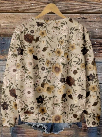 EMERY ROSE Casual Minimalist Faux Flower Print Pattern Loose Fit Crew Neck Long Sleeve Hoodie Sweatshirt For Women, Suitable For Autumn/Winter - Image 3