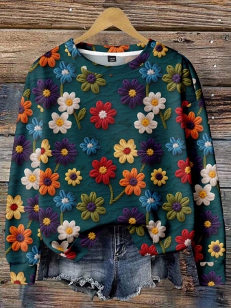 EMERY ROSE Casual Minimalist Faux Flower Print Pattern Loose Fit Crew Neck Long Sleeve Hoodie Sweatshirt For Women, Suitable For Autumn/Winter - Image 13