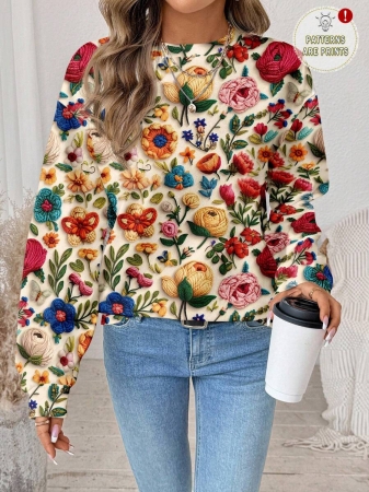 EMERY ROSE Casual Minimalist Faux Flower Print Pattern Loose Fit Crew Neck Long Sleeve Hoodie Sweatshirt For Women, Suitable For Autumn/Winter - Image 14