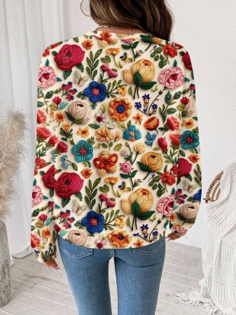 EMERY ROSE Casual Minimalist Faux Flower Print Pattern Loose Fit Crew Neck Long Sleeve Hoodie Sweatshirt For Women, Suitable For Autumn/Winter - Image 16
