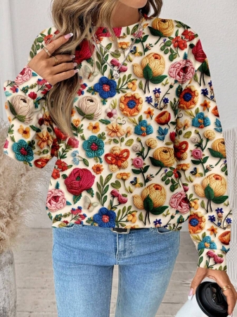 EMERY ROSE Casual Minimalist Faux Flower Print Pattern Loose Fit Crew Neck Long Sleeve Hoodie Sweatshirt For Women, Suitable For Autumn/Winter - Image 17