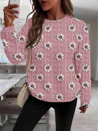 EMERY ROSE Casual Minimalist Faux Flower Print Pattern Loose Fit Crew Neck Long Sleeve Hoodie Sweatshirt For Women, Suitable For Autumn/Winter - Image 24