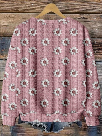 EMERY ROSE Casual Minimalist Faux Flower Print Pattern Loose Fit Crew Neck Long Sleeve Hoodie Sweatshirt For Women, Suitable For Autumn/Winter - Image 25