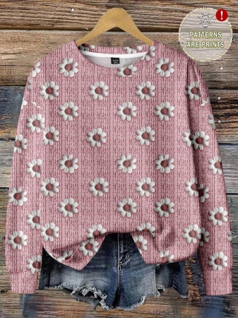 EMERY ROSE Casual Minimalist Faux Flower Print Pattern Loose Fit Crew Neck Long Sleeve Hoodie Sweatshirt For Women, Suitable For Autumn/Winter - Image 28