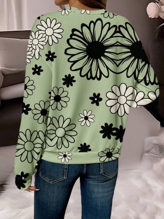 EMERY ROSE Casual Minimalist Faux Flower Print Pattern Loose Fit Crew Neck Long Sleeve Hoodie Sweatshirt For Women, Suitable For Autumn/Winter - Image 35