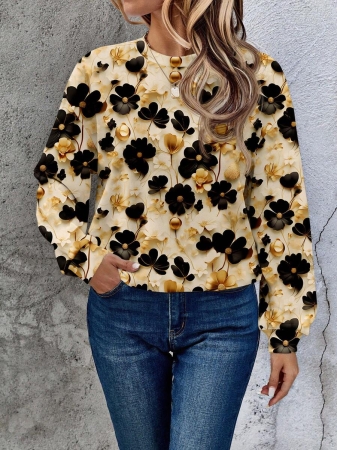 EMERY ROSE Casual Minimalist Faux Flower Print Pattern Loose Fit Crew Neck Long Sleeve Hoodie Sweatshirt For Women, Suitable For Autumn/Winter - Image 47