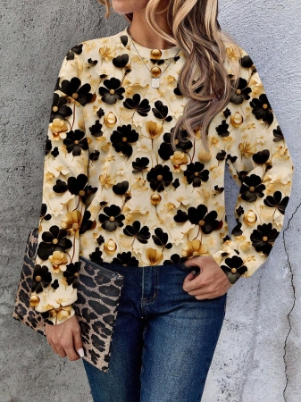 EMERY ROSE Casual Minimalist Faux Flower Print Pattern Loose Fit Crew Neck Long Sleeve Hoodie Sweatshirt For Women, Suitable For Autumn/Winter - Image 48