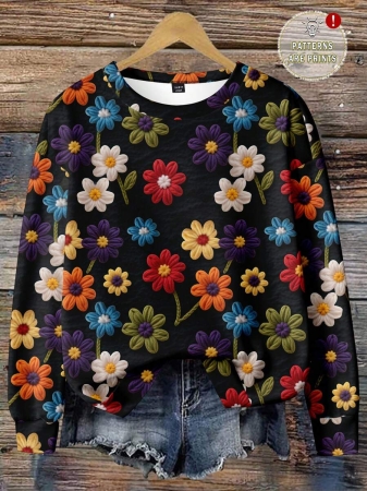 EMERY ROSE Casual Minimalist Faux Flower Print Pattern Loose Fit Crew Neck Long Sleeve Hoodie Sweatshirt For Women, Suitable For Autumn/Winter - Image 53