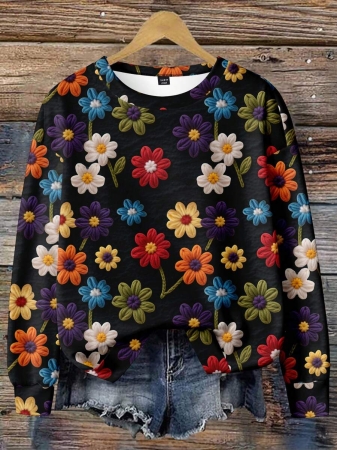 EMERY ROSE Casual Minimalist Faux Flower Print Pattern Loose Fit Crew Neck Long Sleeve Hoodie Sweatshirt For Women, Suitable For Autumn/Winter - Image 56