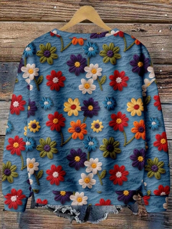 EMERY ROSE Casual Minimalist Faux Flower Print Pattern Loose Fit Crew Neck Long Sleeve Hoodie Sweatshirt For Women, Suitable For Autumn/Winter - Image 58