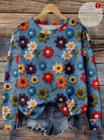 EMERY ROSE Casual Minimalist Faux Flower Print Pattern Loose Fit Crew Neck Long Sleeve Hoodie Sweatshirt For Women, Suitable For Autumn/Winter - Image 59