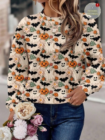 EMERY ROSE Casual Minimalist Faux Flower Print Pattern Loose Fit Crew Neck Long Sleeve Hoodie Sweatshirt For Women, Suitable For Autumn/Winter - Image 66