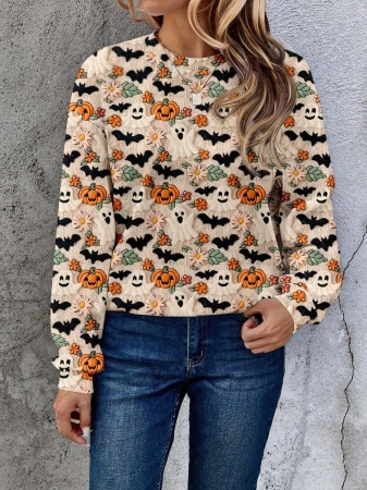 EMERY ROSE Casual Minimalist Faux Flower Print Pattern Loose Fit Crew Neck Long Sleeve Hoodie Sweatshirt For Women, Suitable For Autumn/Winter - Image 70