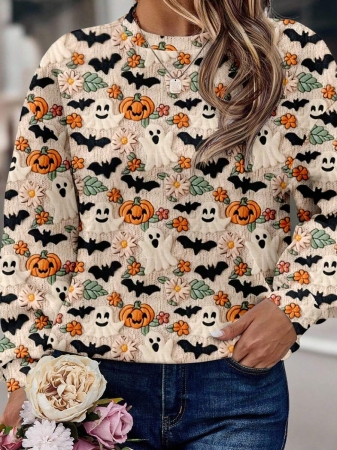 EMERY ROSE Casual Minimalist Faux Flower Print Pattern Loose Fit Crew Neck Long Sleeve Hoodie Sweatshirt For Women, Suitable For Autumn/Winter - Image 71