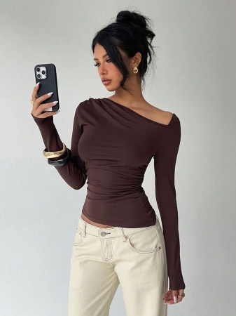 Aloruh Women's Oblique Neckline Waist Shoulder Ruched Fitted Elegant Long Sleeve T-Shirt - Image 2