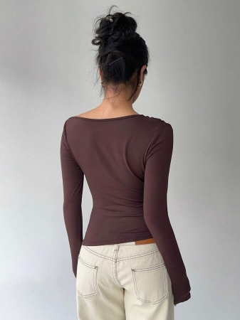 Aloruh Women's Oblique Neckline Waist Shoulder Ruched Fitted Elegant Long Sleeve T-Shirt - Image 3