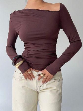 Aloruh Women's Oblique Neckline Waist Shoulder Ruched Fitted Elegant Long Sleeve T-Shirt - Image 4