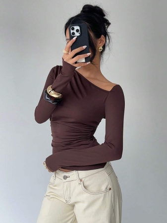 Aloruh Women's Oblique Neckline Waist Shoulder Ruched Fitted Elegant Long Sleeve T-Shirt - Image 5