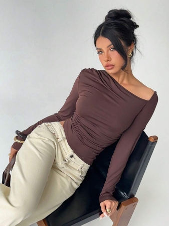 Aloruh Women's Oblique Neckline Waist Shoulder Ruched Fitted Elegant Long Sleeve T-Shirt - Image 7