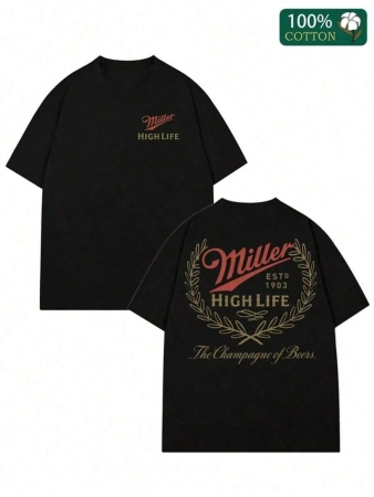 Miller Champagne Beer Front And Back Pattern Printing, Bique 220g Padded Cotton T-Shirt, Men's Fashion Casual Cotton T-Shirt, Short-Sleeved Round Neck T-Shirt.Unisex Black And White Pure Cotton 200g Breathable And Comfortable - Image 2